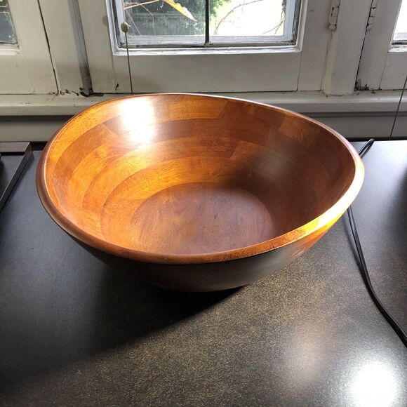 7 Piece Salad Set Cherrywood Large Wavy Salad Bowl with Servers 4 Indiv Bowls - Picture 5 of 14